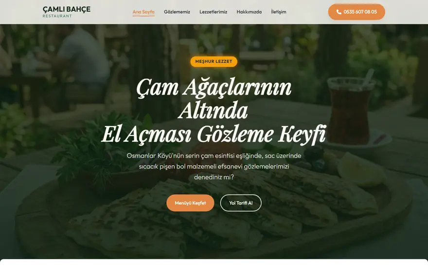 Çamlıbahçe Restaurant web sitesi masaüstü görünümü