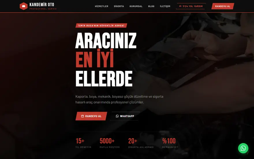 Kandemir Oto Servis web sitesi masaüstü görünümü