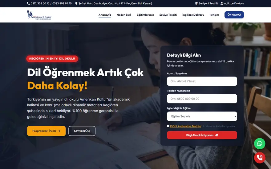 Keçiören Amerikan Kültür web sitesi masaüstü görünümü
