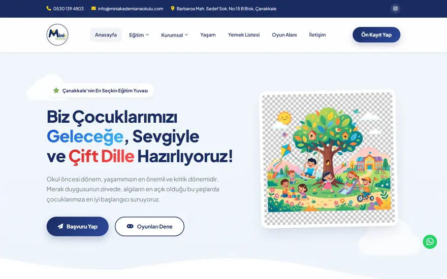 Mini Akademi Anaokulu web sitesi masaüstü görünümü