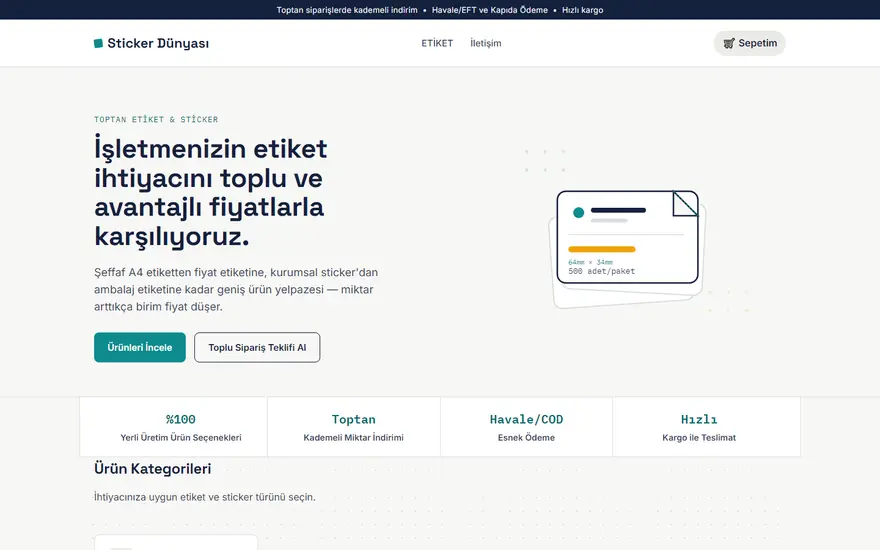 Sticker Dünyası web sitesi masaüstü görünümü
