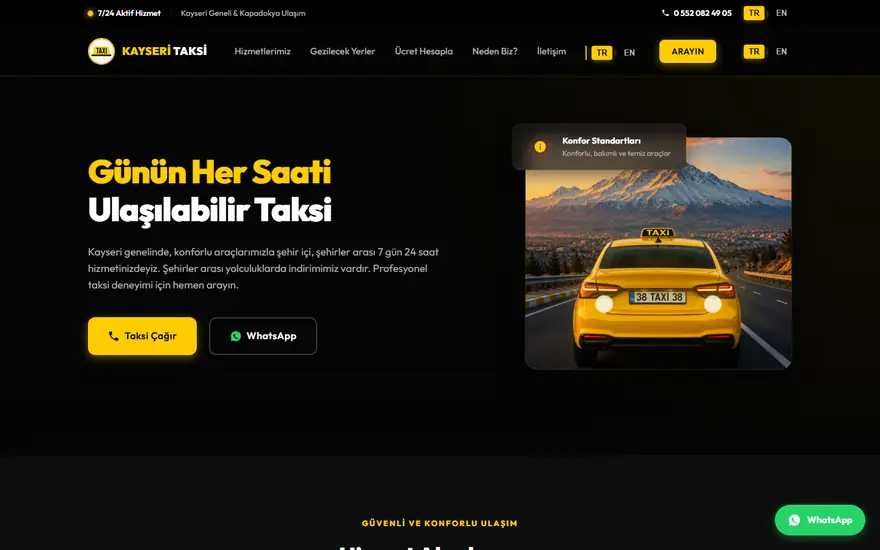 Taxi Kayseri web sitesi masaüstü görünümü